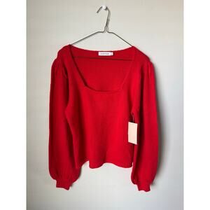 Womens Cherry Red Square Neck Sweater Puff Sleeve Knit Top Romantic Size L NWT